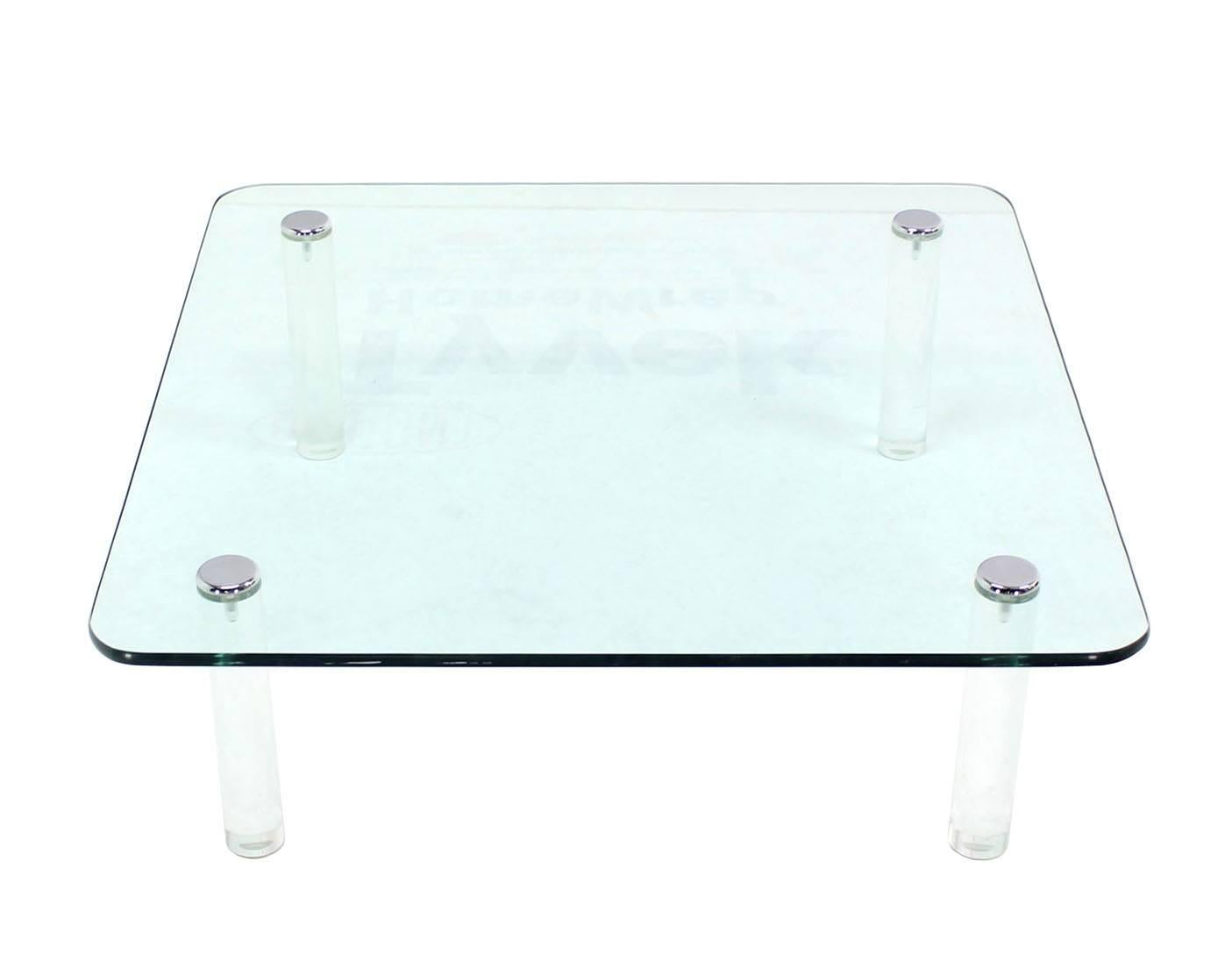 Nice 48" square thick glass top coffee table on Lucite legs. Measures: Large 48" square 3/4".