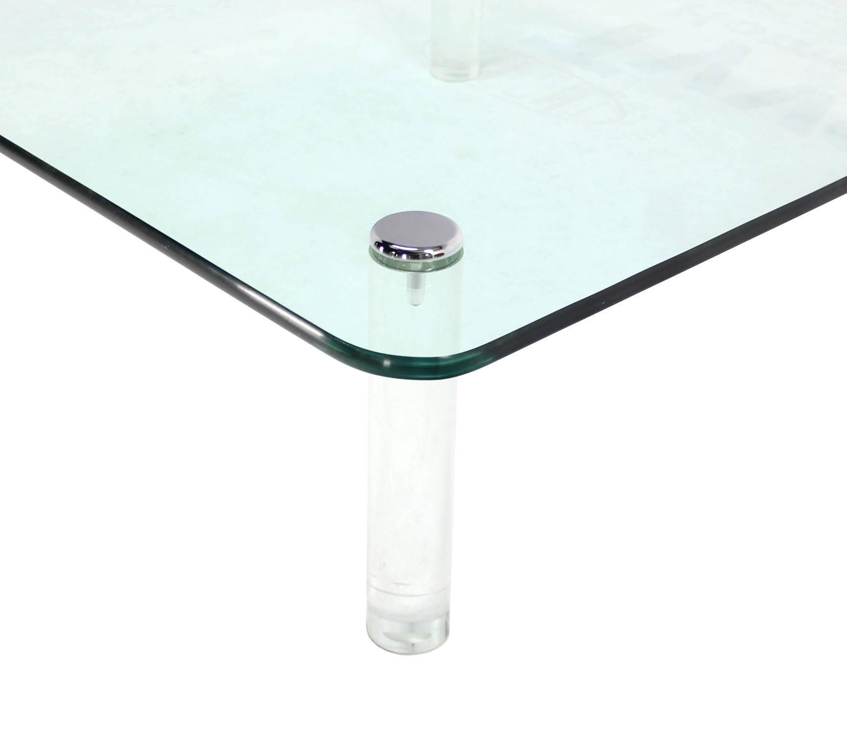 Mid-Century Modern Large Square 3/4 Glass Top Coffee Table on Lucite Cylinder  Legs
