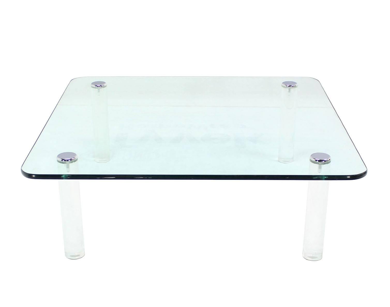20th Century Large Square 3/4 Glass Top Coffee Table on Lucite Cylinder  Legs