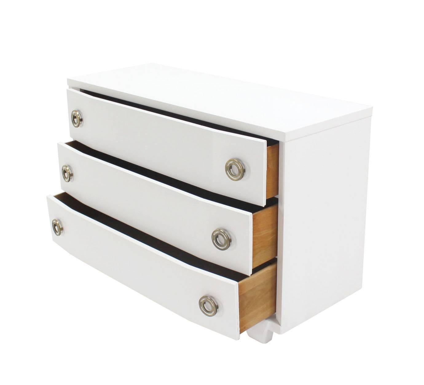 Mid-Century Modern White Lacquer Mid Century Modern Three Drawer Dresser w/ Round Deco Pulls