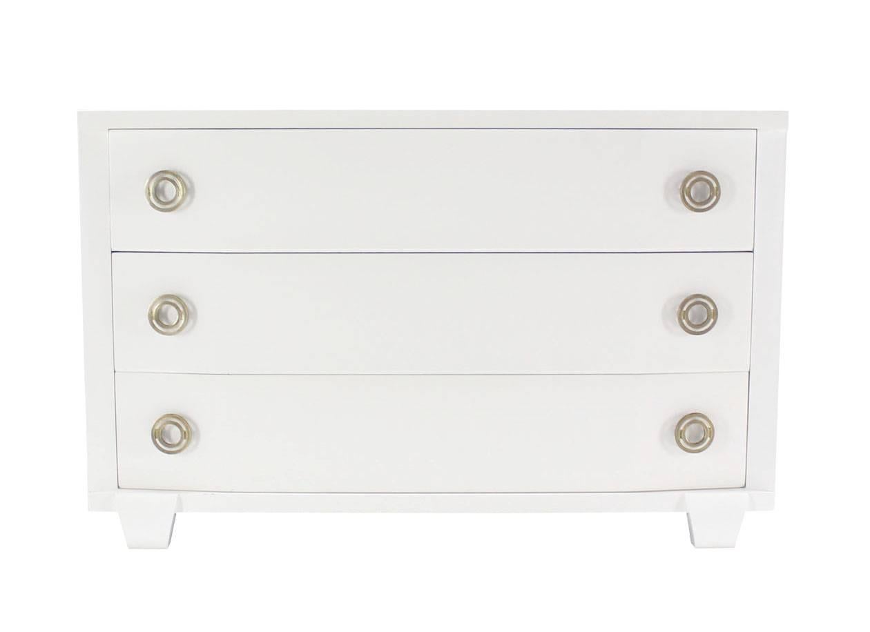Brass White Lacquer Mid Century Modern Three Drawer Dresser w/ Round Deco Pulls
