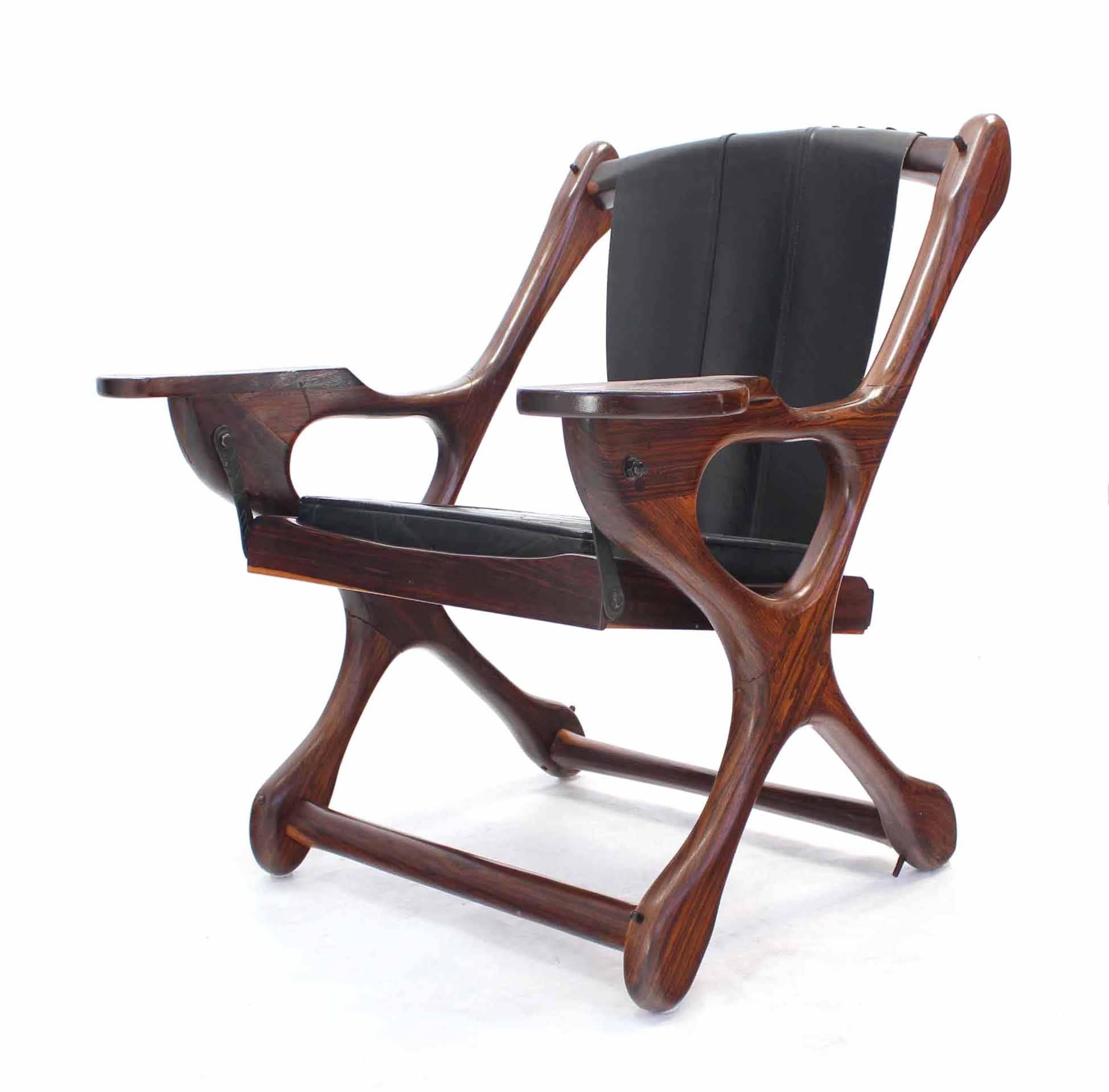 Mid-Century Modern Heavy Rosewood Frame Leather Upholstery Lounge Chair For Sale