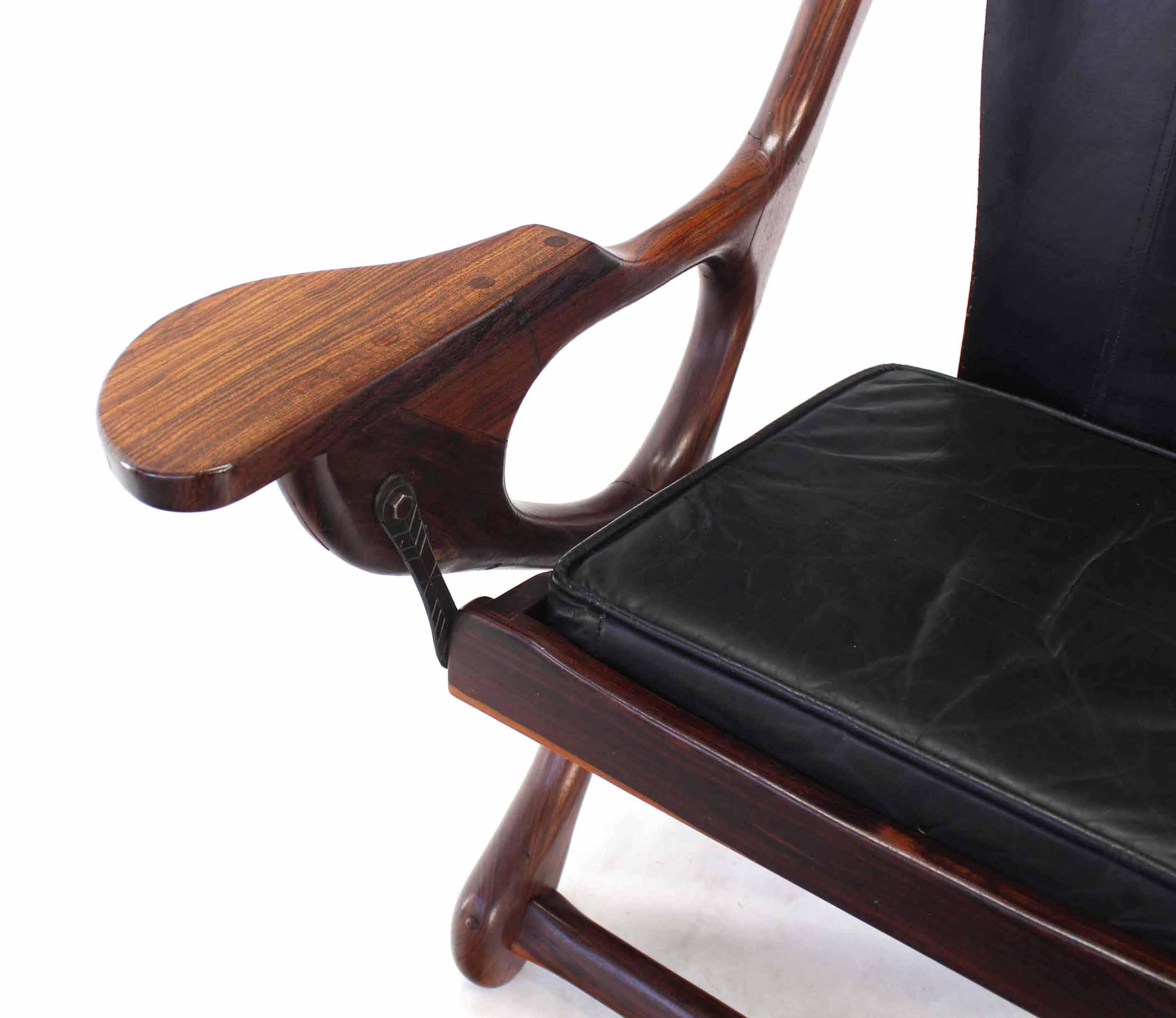 Lacquered Heavy Rosewood Frame Leather Upholstery Lounge Chair For Sale