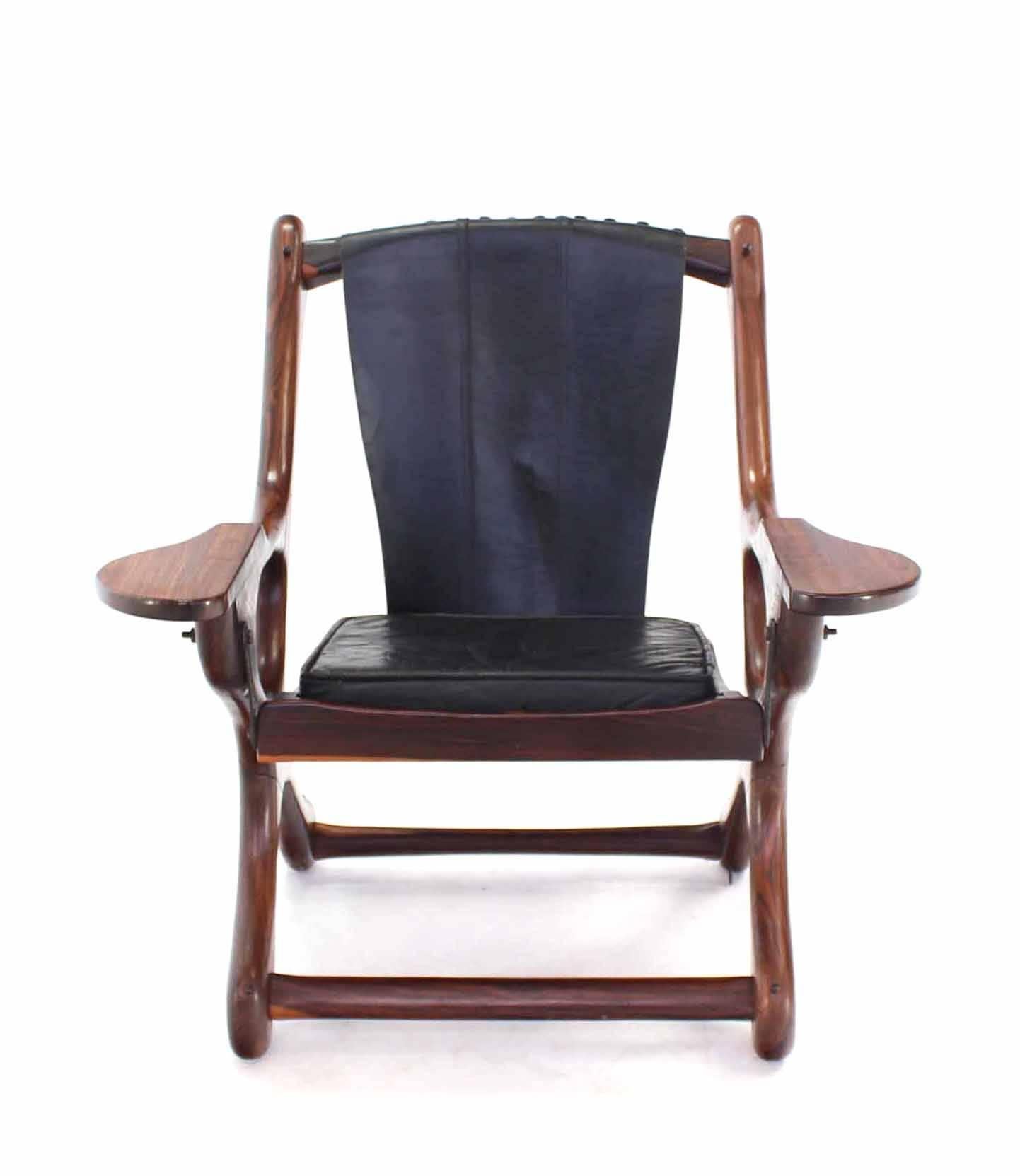 Heavy Rosewood Frame Leather Upholstery Lounge Chair For Sale 2