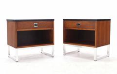 Pair of Walnut Nightstands on Chrome Bases Black Tops w/ Solid Metal Ball Knobs