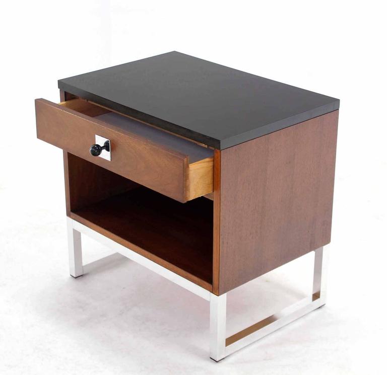 Pair of Walnut Nightstands on Chrome Bases Black Tops w/ Solid Metal