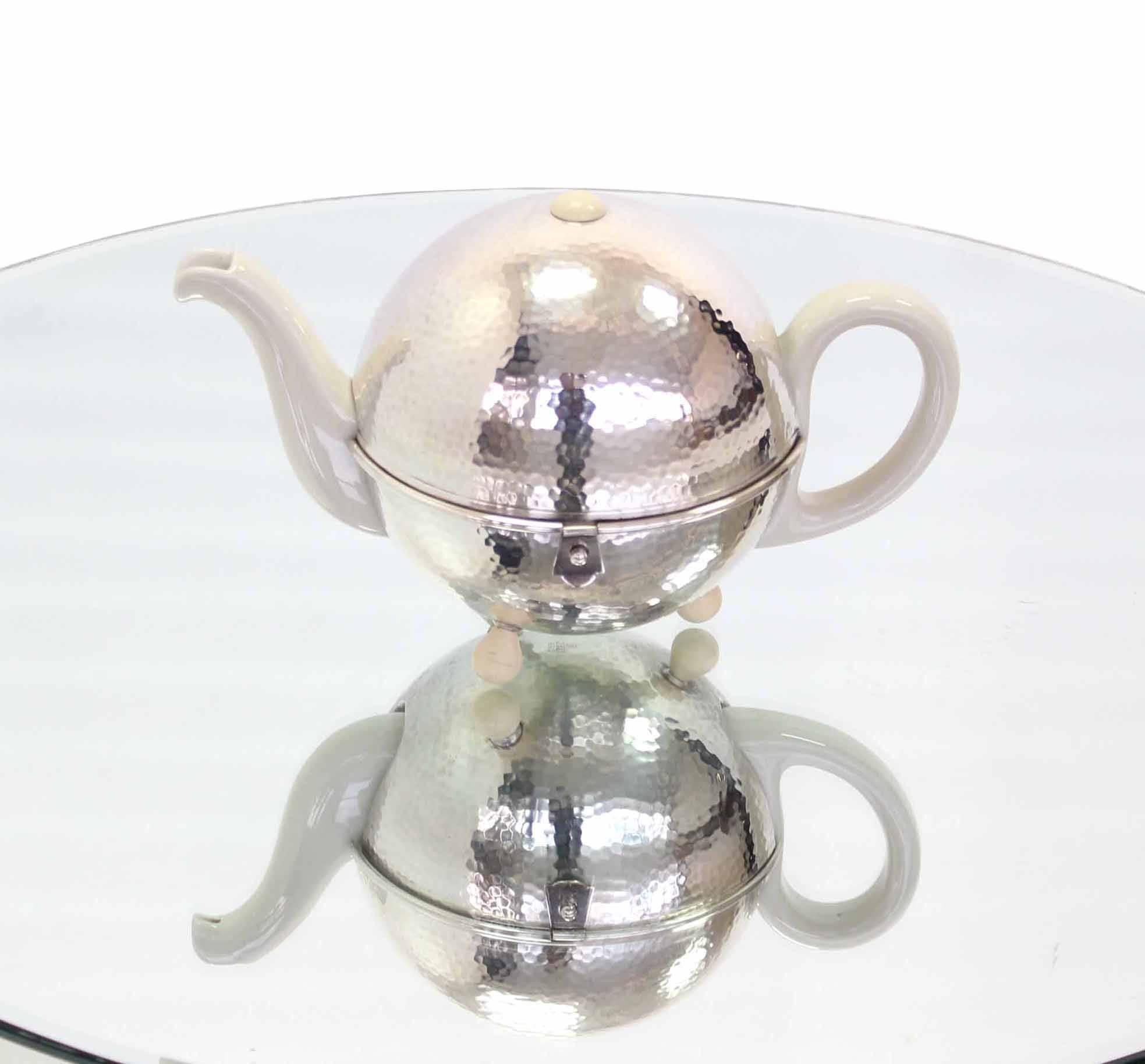Silver Plate WMF Porcelain Tea Pot in Hammered Metal Insulated Cover