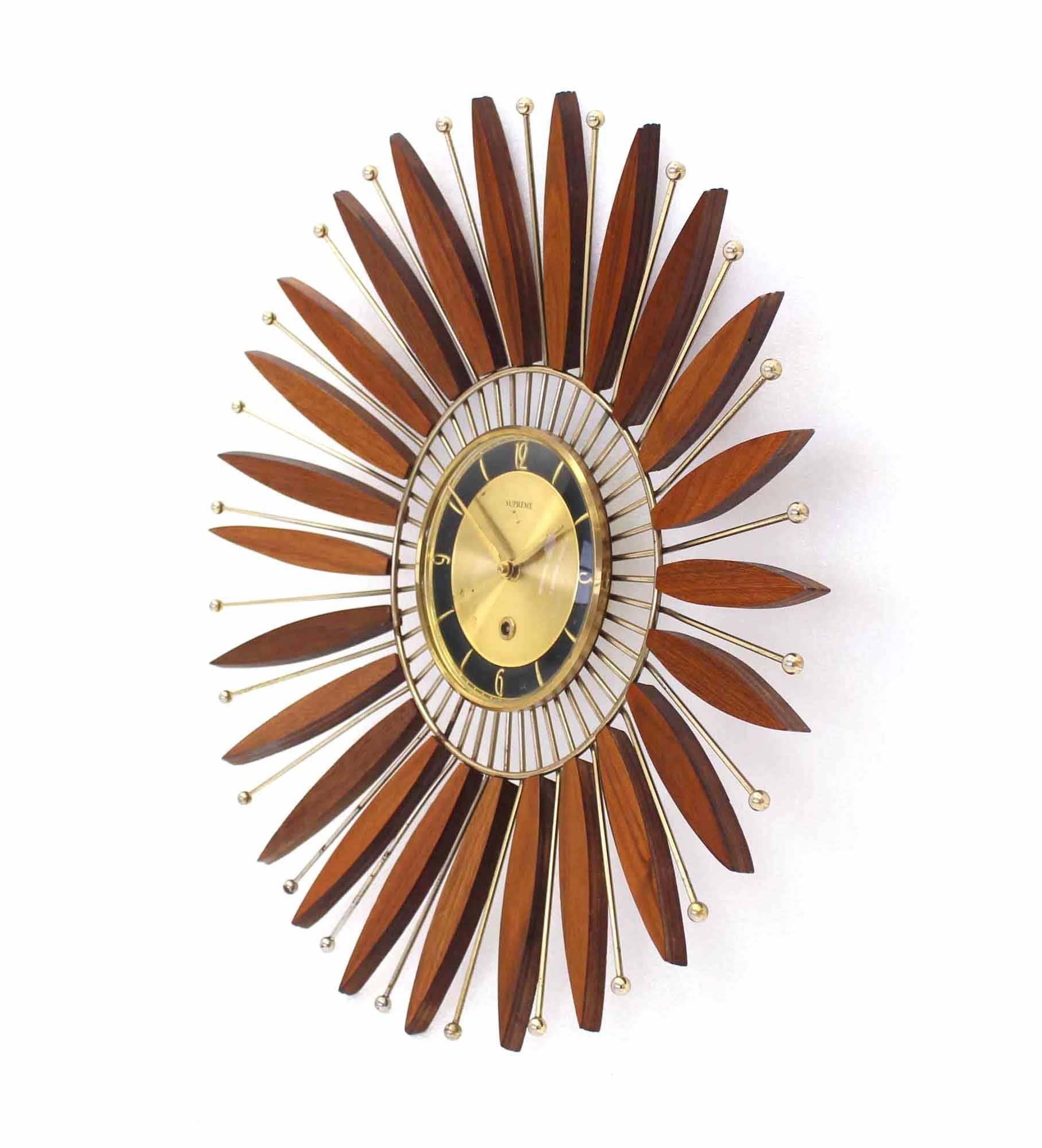 Mid-Century Modern Beautiful Walnut Sunburst Mechanical Wind Up Wall Clock 