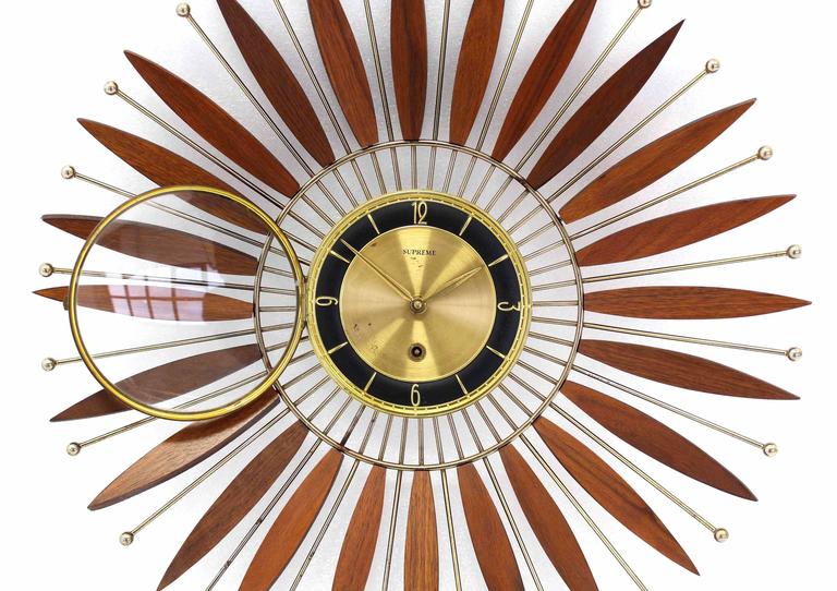 Beautiful Walnut Sunburst Mechanical Wind Up Wall Clock at 1stDibs
