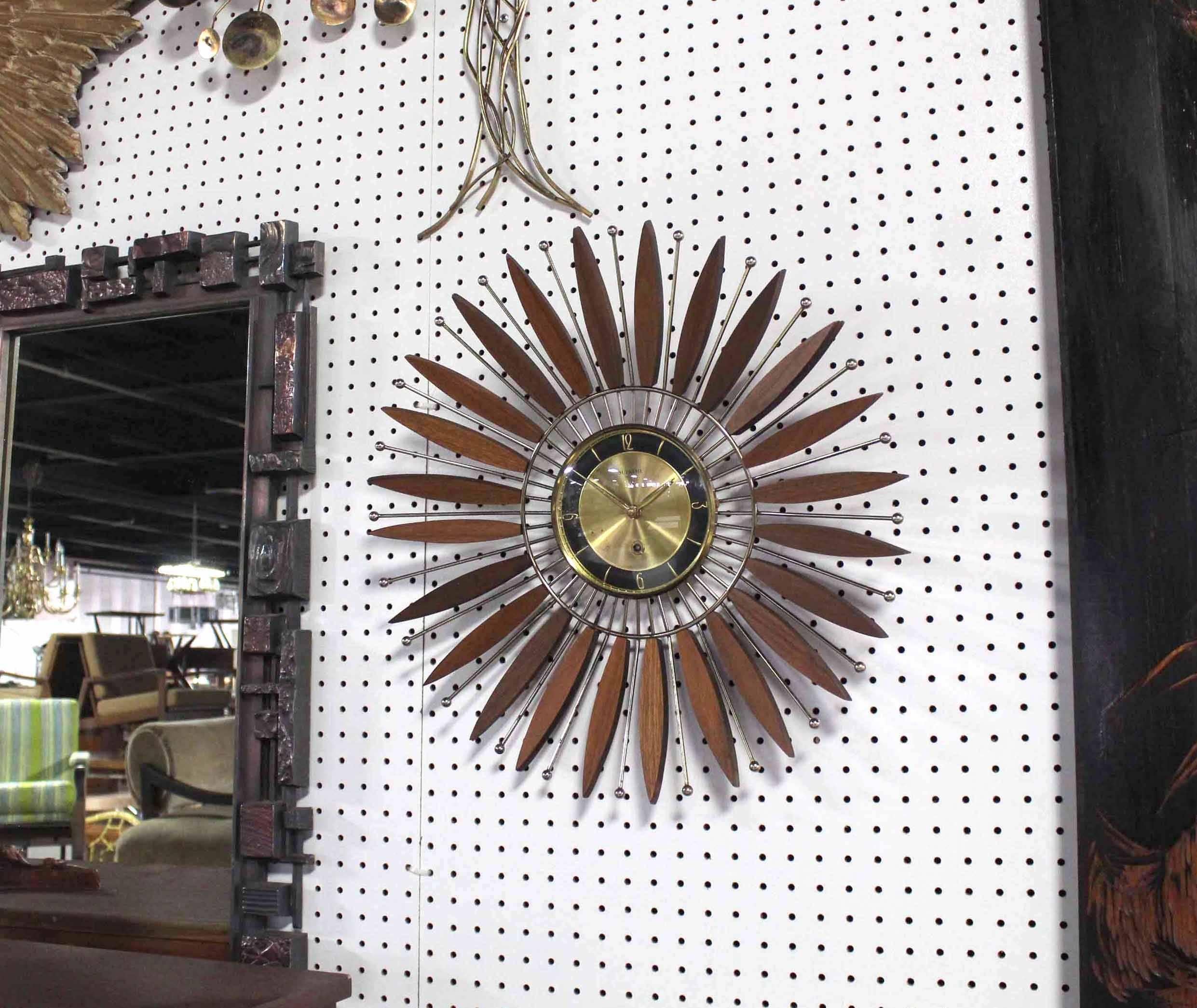 Brass Beautiful Walnut Sunburst Mechanical Wind Up Wall Clock 