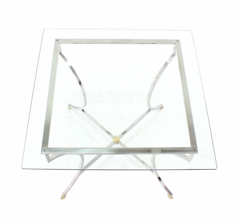 Brass Hoof Feet Chrome Glass Top Square Game Table For Sale at 1stDibs