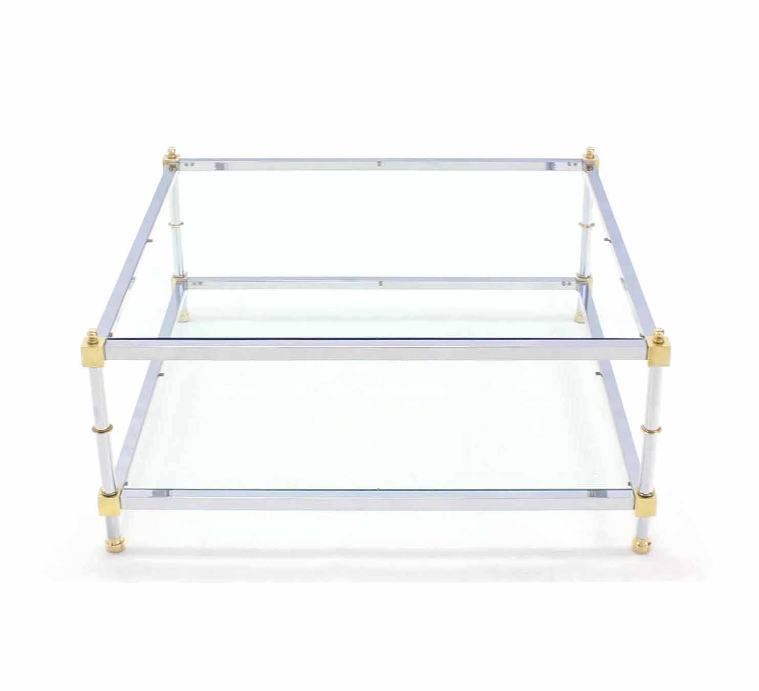 American Large 37x37  Square 2 Tier Chrome Brass Glass top Coffee Table For Sale