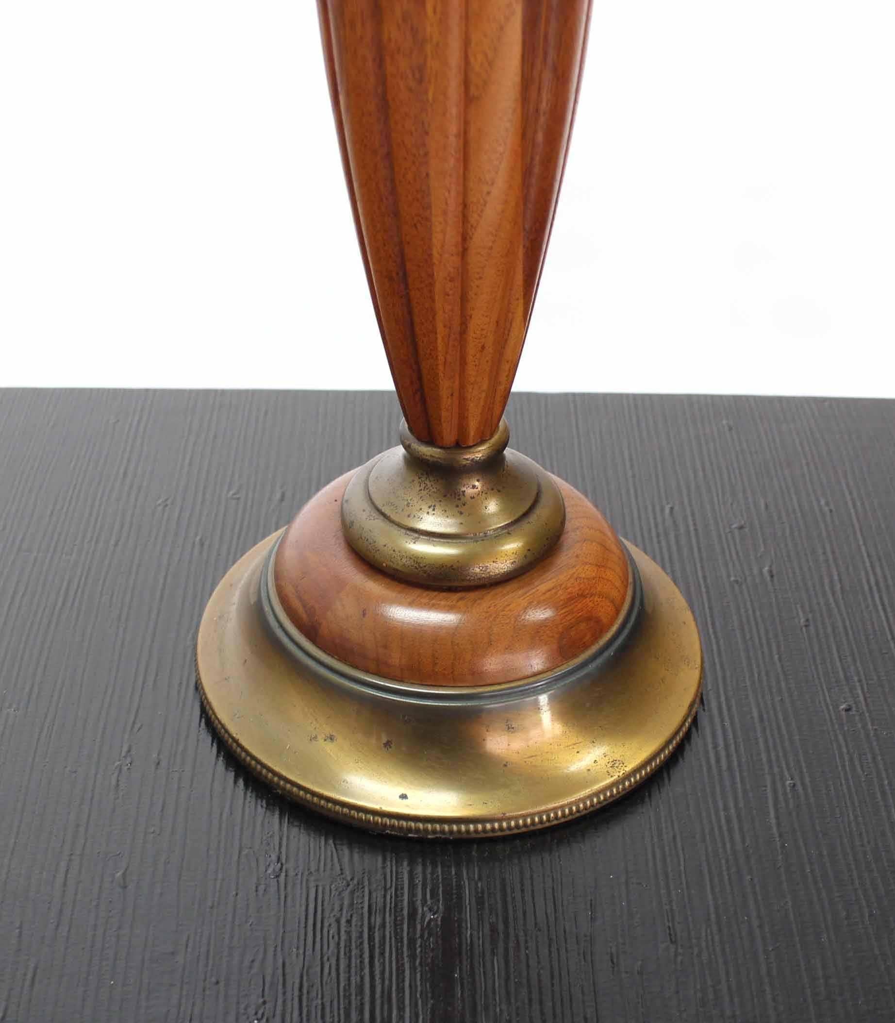 Polished Pair of Heavy Carved Walnut and Brass Mid-Century Modern Table Lamps For Sale