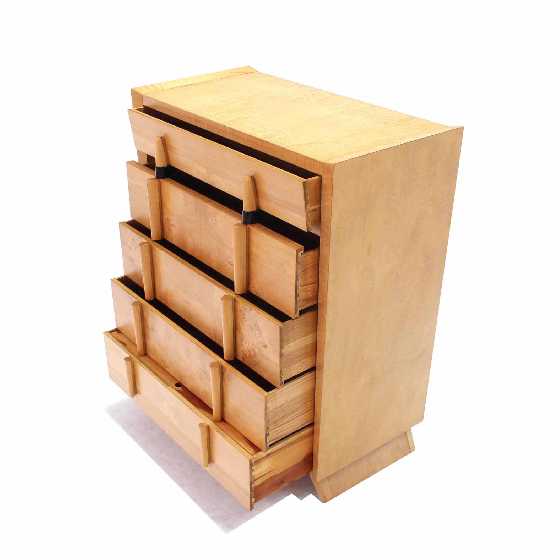 Blond tall Mid-Century Modern five-drawer high chest. Nice sculptural high chest dresser. Burl wood front.