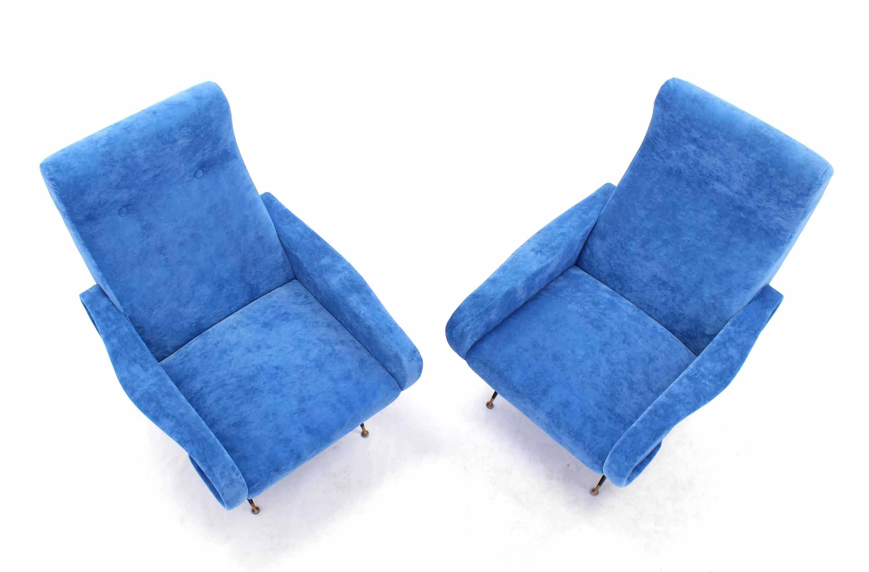 Mid-Century Modern Pair of Mid-Century Italian Modern Blue Upholstery Lounge Chairs