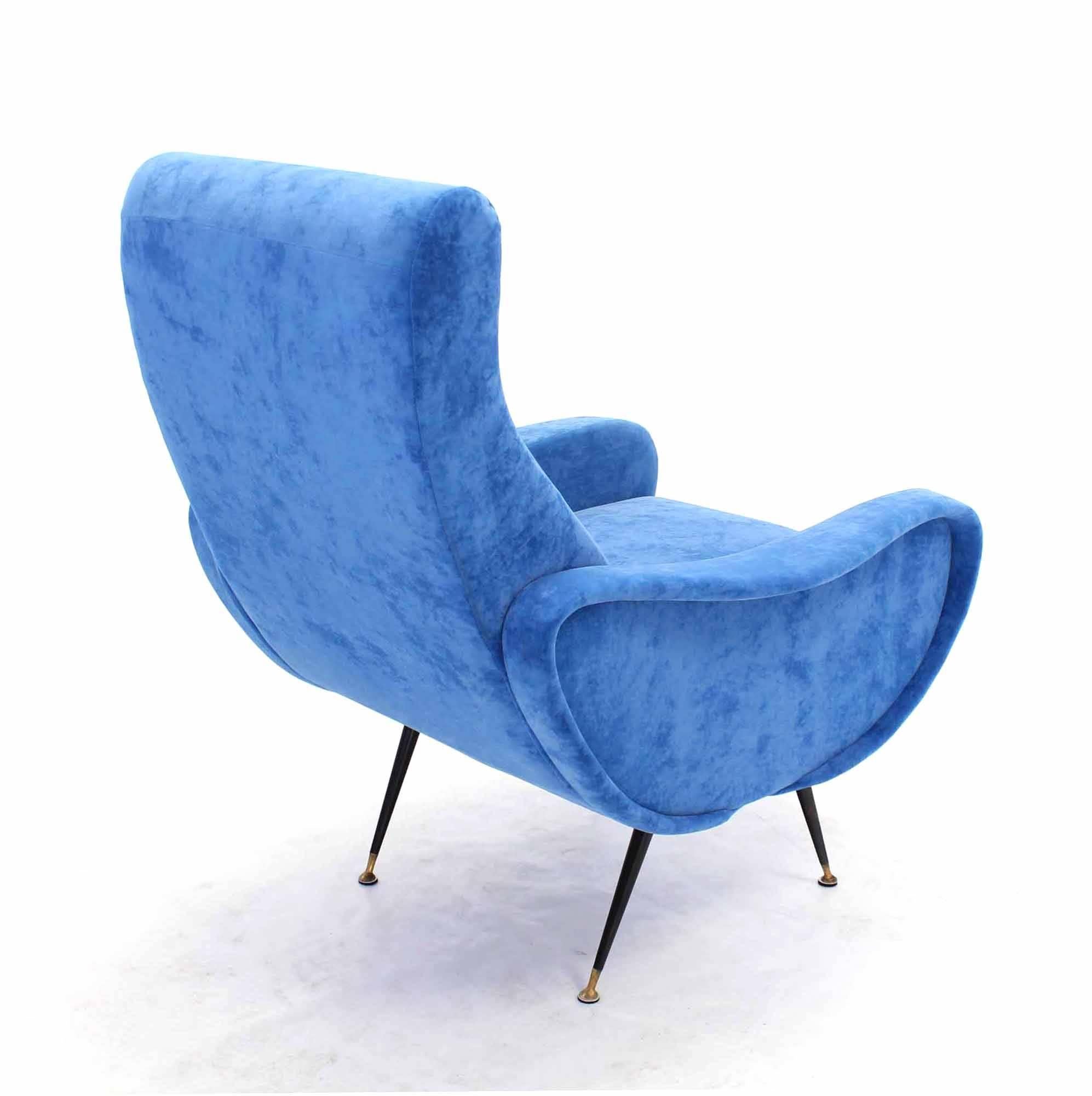 Pair of Mid-Century Italian Modern Blue Upholstery Lounge Chairs 1