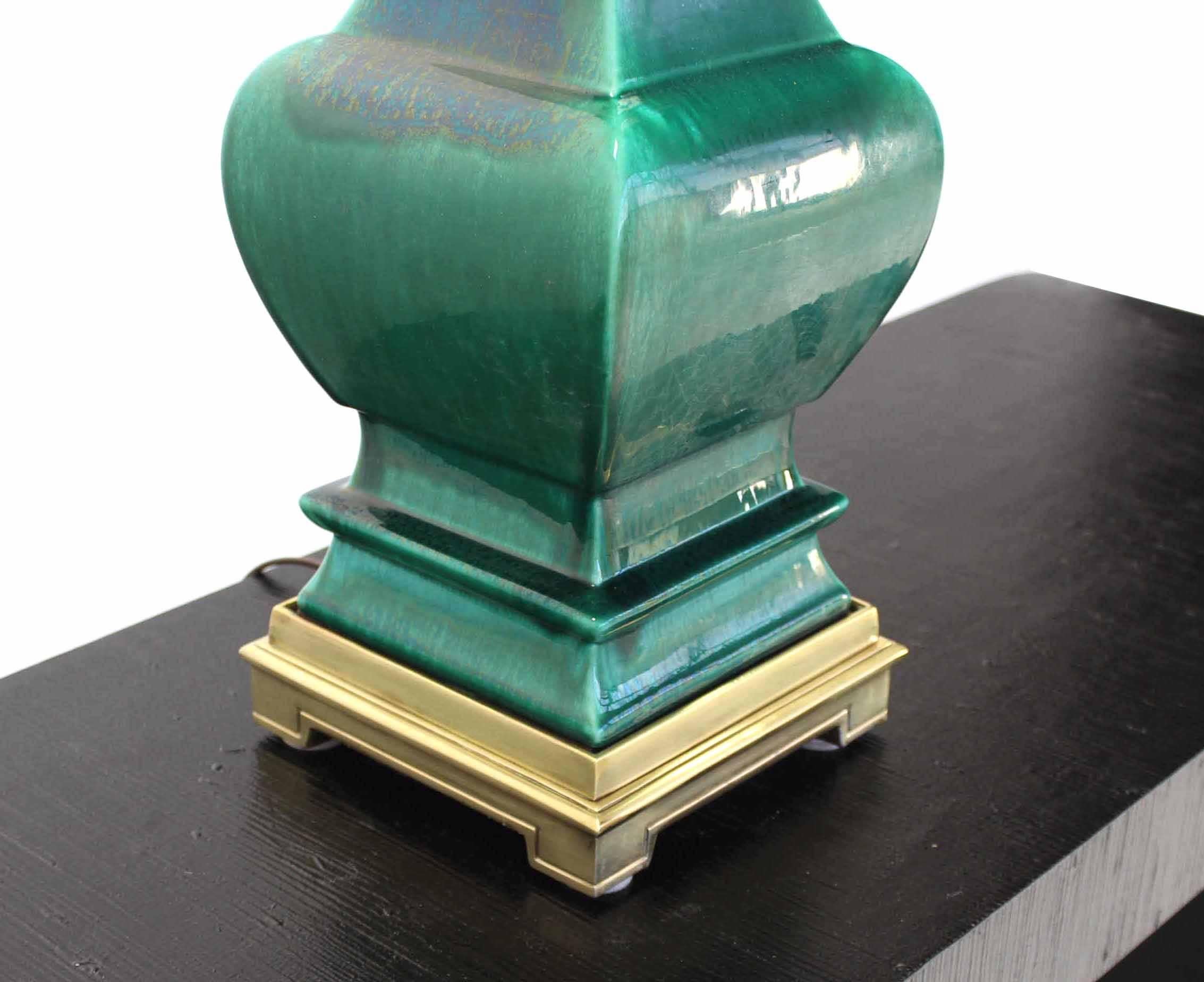 American Emerald Green Pottery and Brass Mid-Century Table Lamp