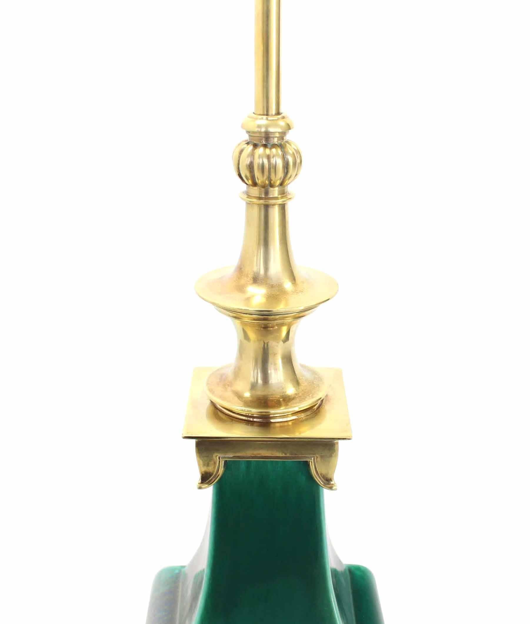 Polished Emerald Green Pottery and Brass Mid-Century Table Lamp