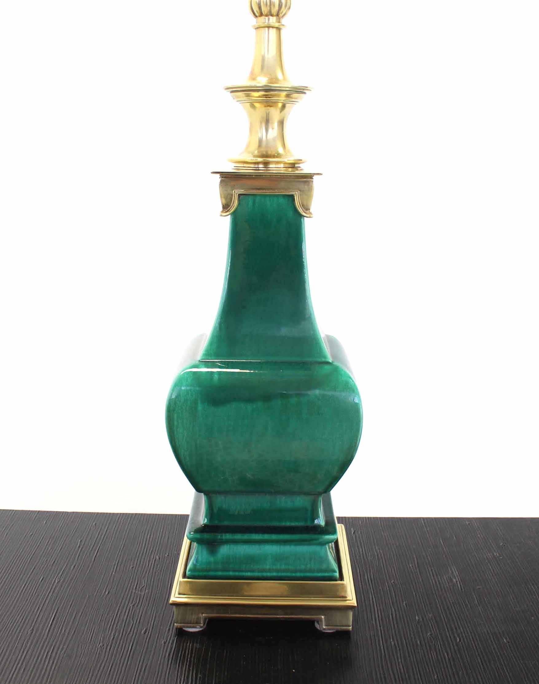 20th Century Emerald Green Pottery and Brass Mid-Century Table Lamp