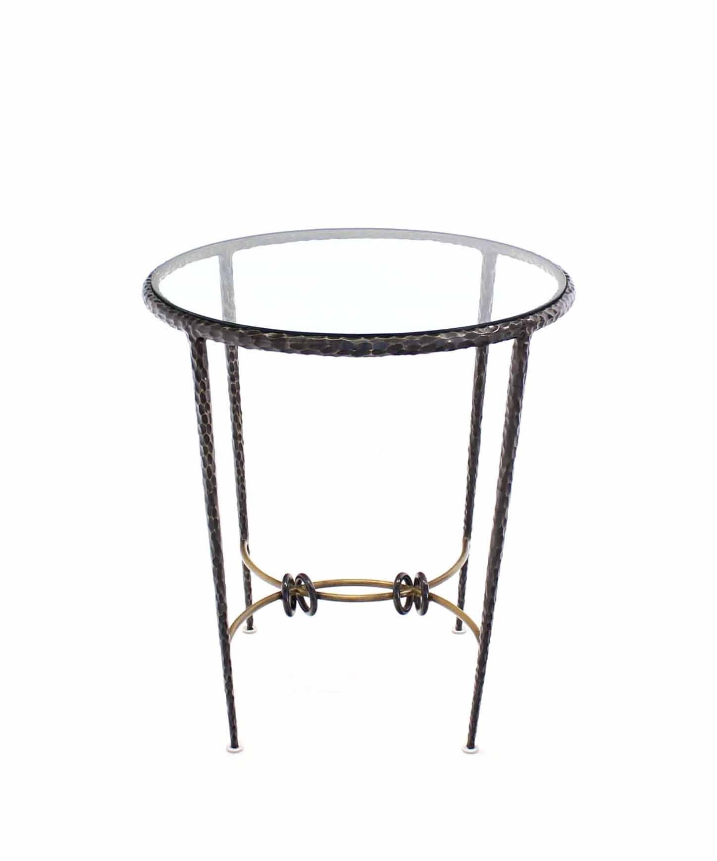 Mid-Century Modern Round Hammered Heavy Solid Brass Tapered Legs Glass Top Center Lamp Side Table For Sale