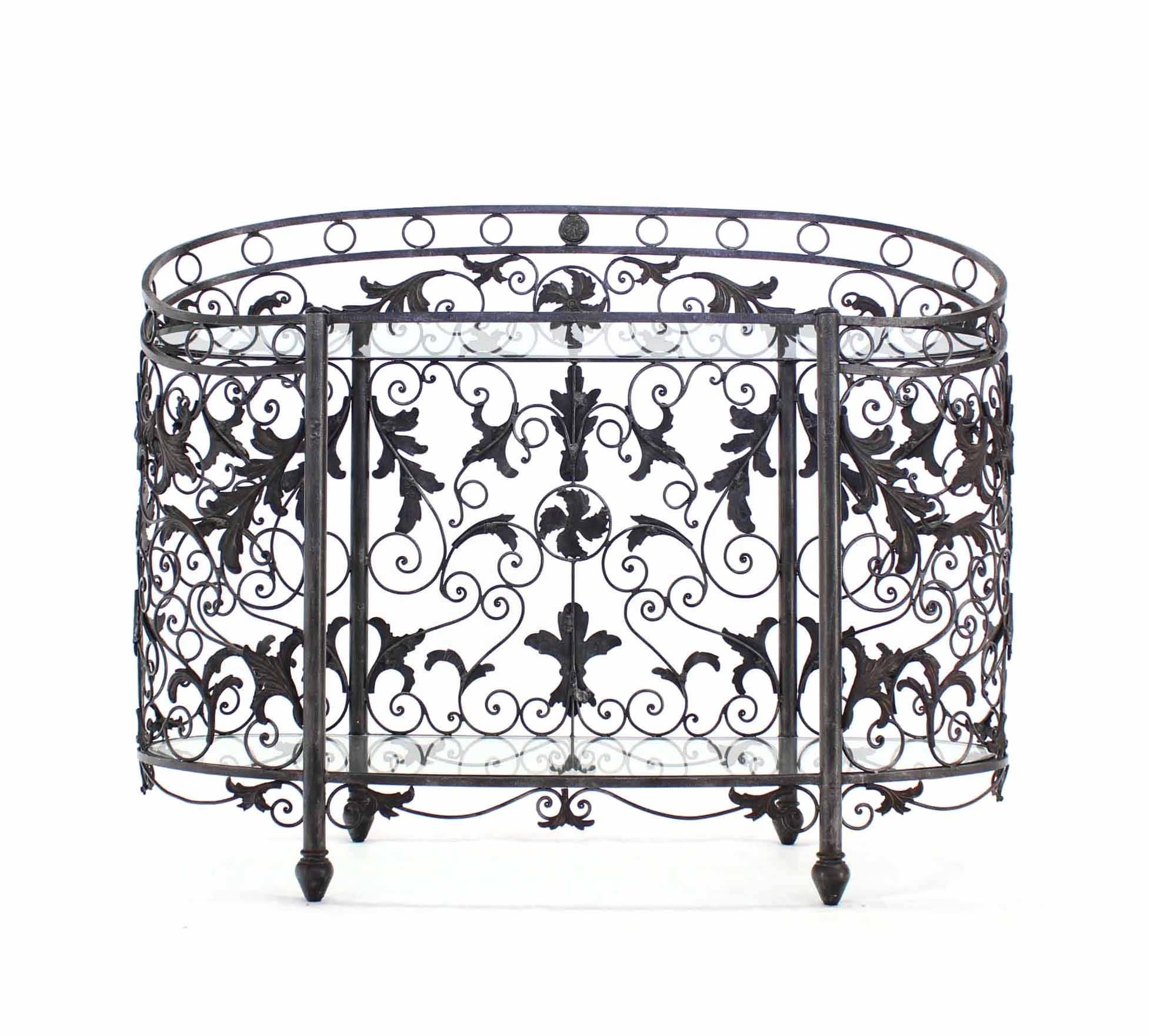 Glass Maitland Smith Wrought Forged Iron Oval Side Board Server Display Case Console  For Sale