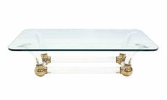Heavy Thick Lucite and Brass Base Thick Glass Top Coffee Table