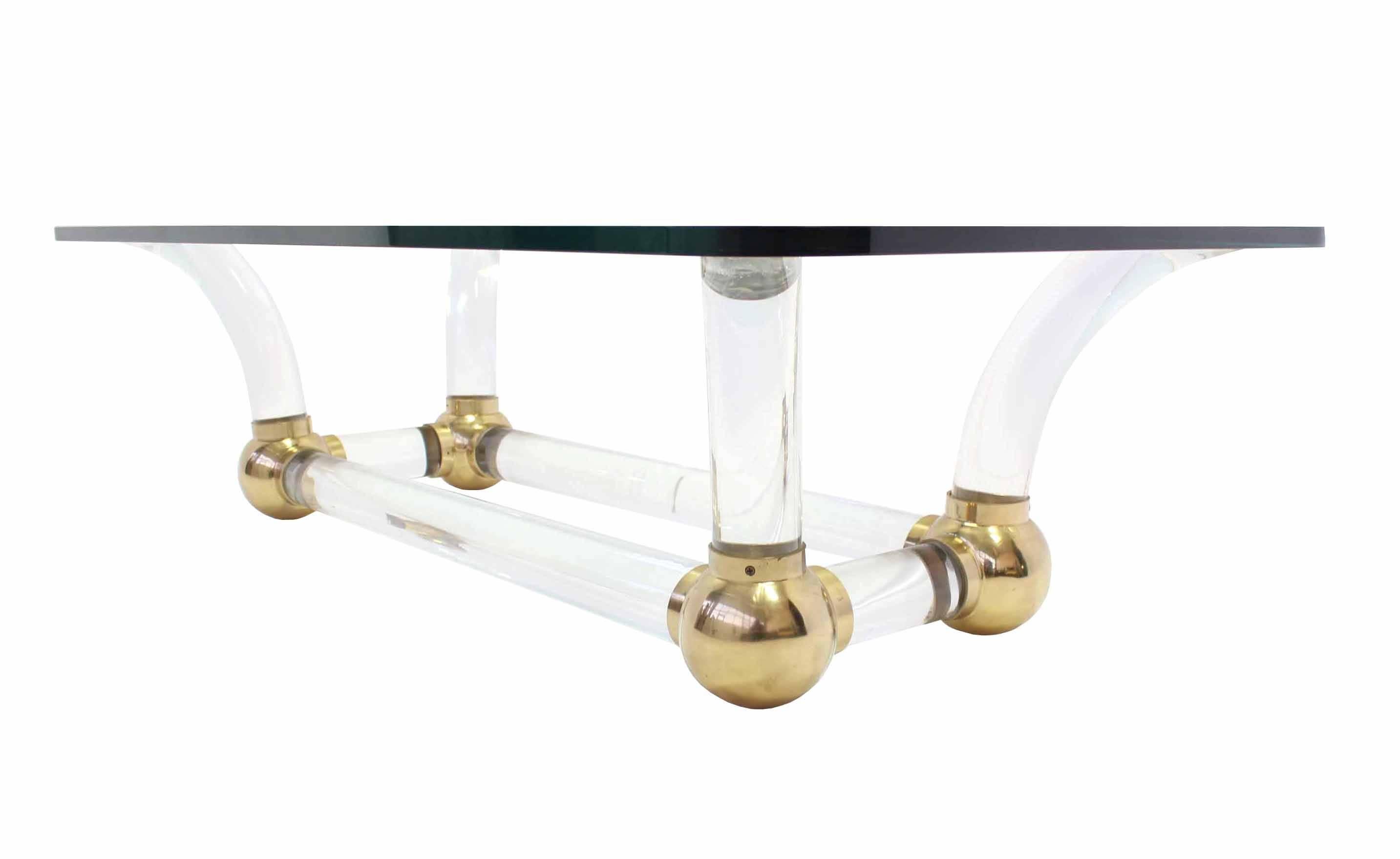 American Heavy Thick Lucite and Brass Base Thick Glass Top Coffee Table For Sale