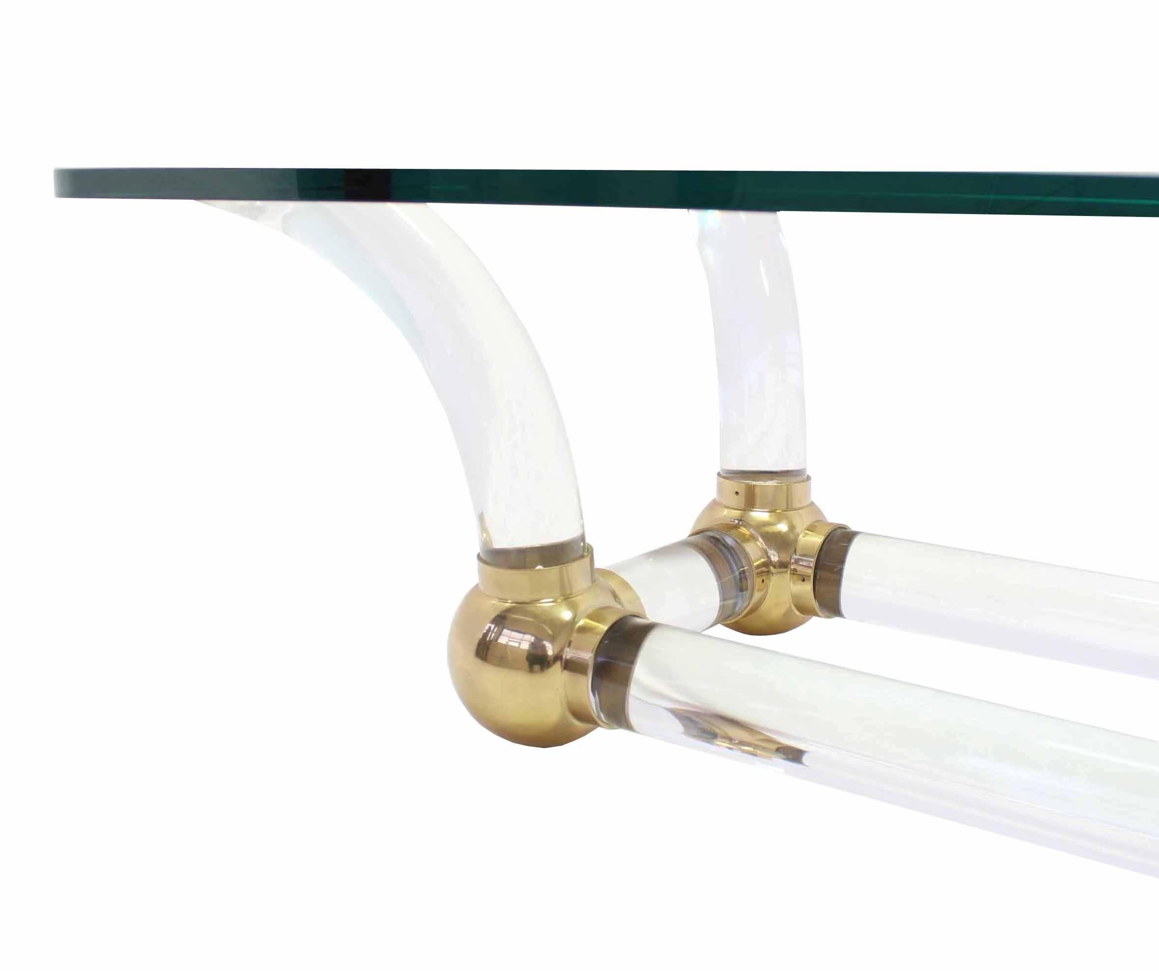 20th Century Heavy Thick Lucite and Brass Base Thick Glass Top Coffee Table For Sale