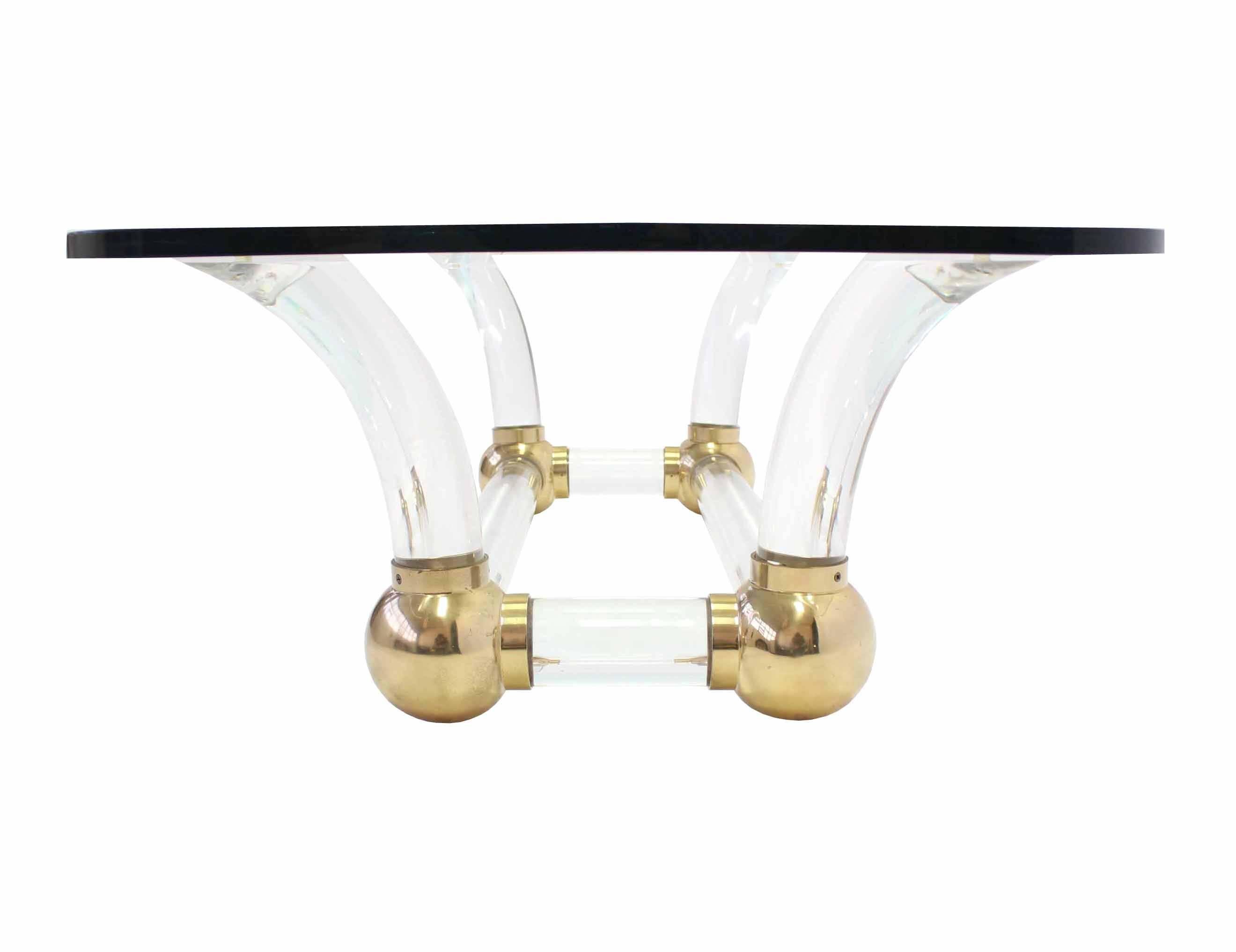 Heavy Thick Lucite and Brass Base Thick Glass Top Coffee Table For Sale 2