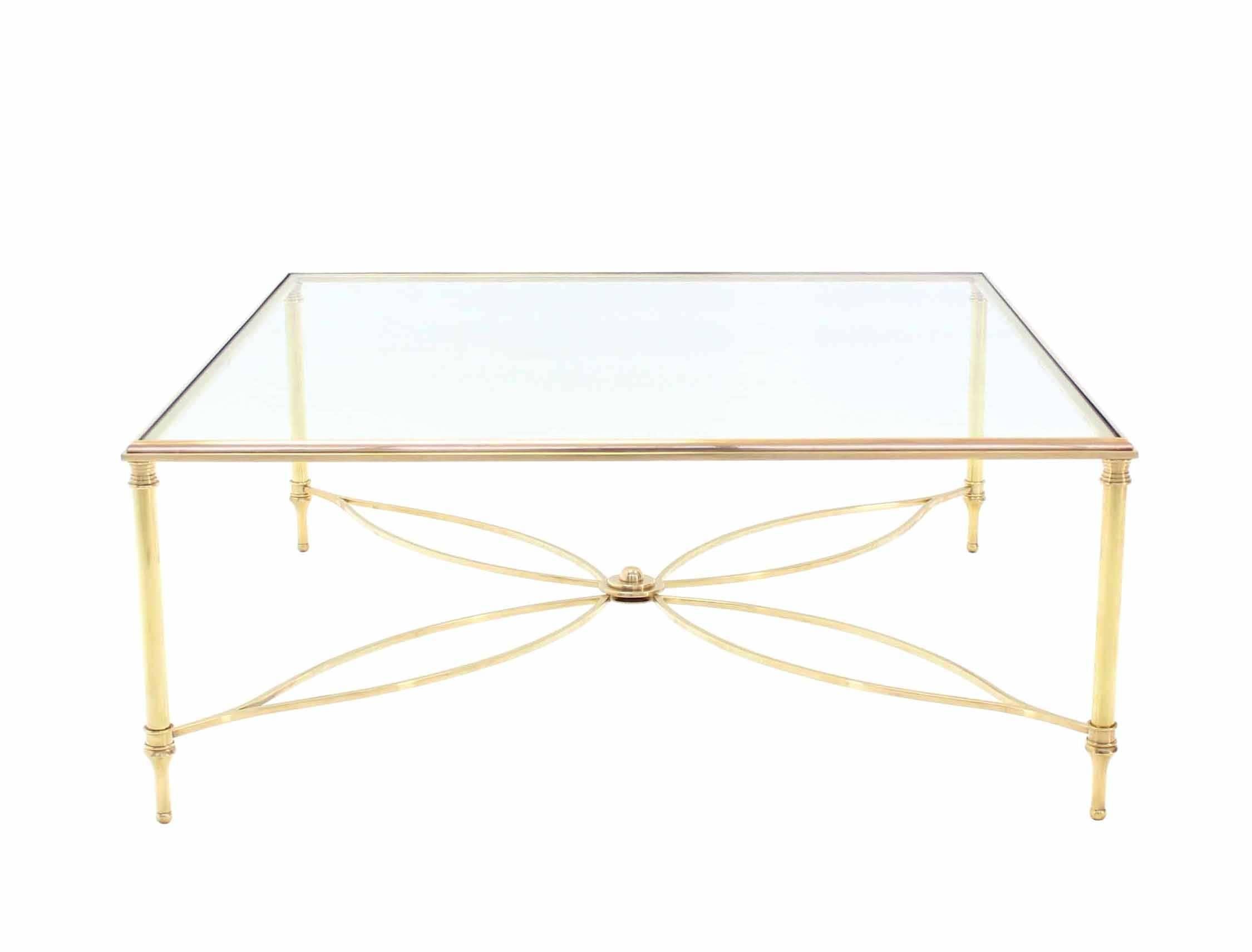Mid-Century Modern Large Square Brass Coffee Table w/ Lotus Like Base Stretcher