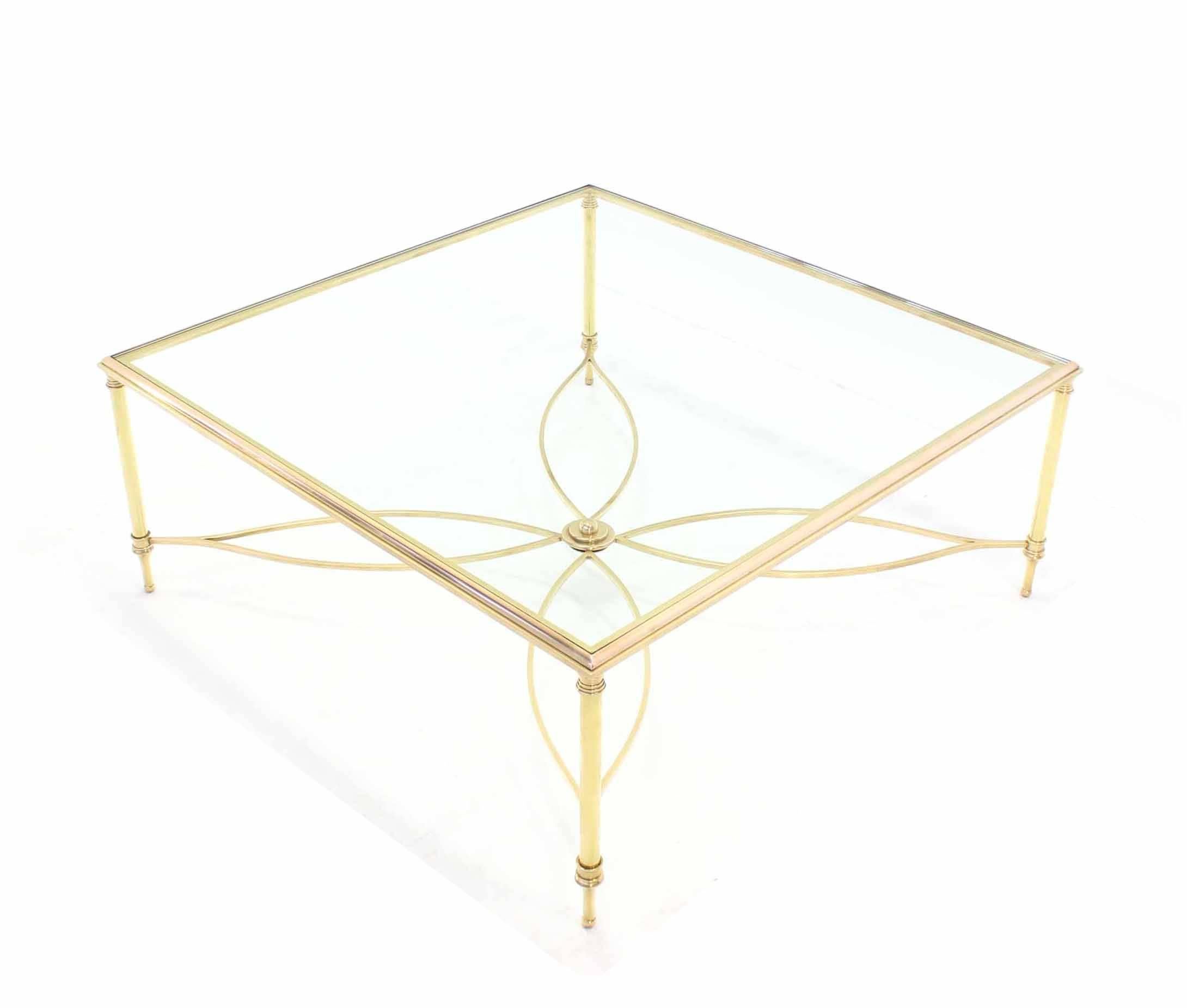 Large Square Brass Coffee Table w/ Lotus Like Base Stretcher For Sale 2