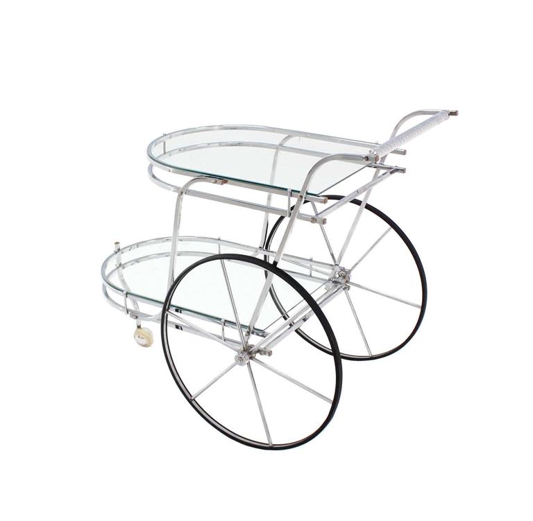 Large Wheel Design Chrome and Glass Tea Bar Cart For Sale at 1stDibs
