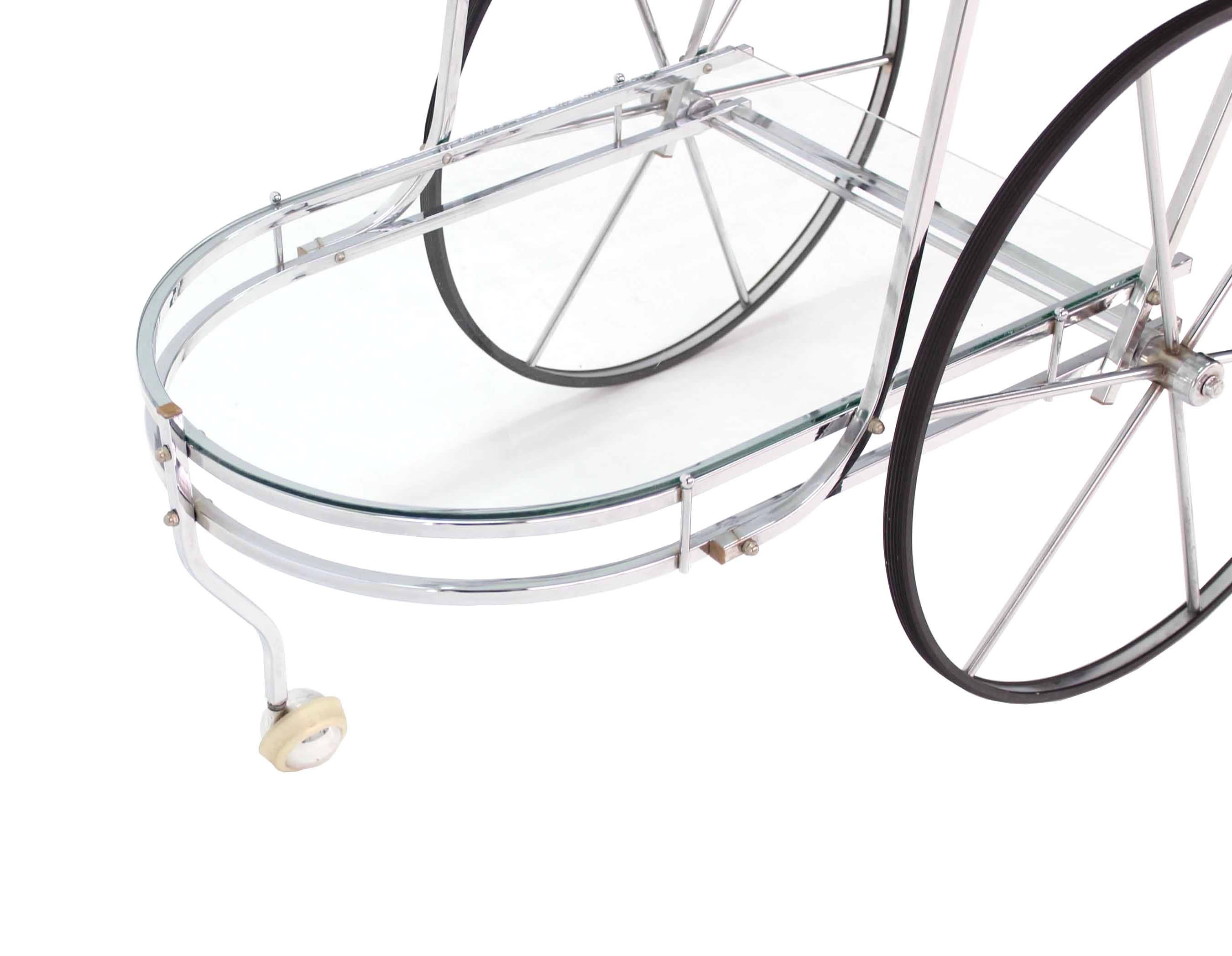 Mid-Century Modern Large Wheel Design Chrome and Glass Tea Bar Cart For Sale