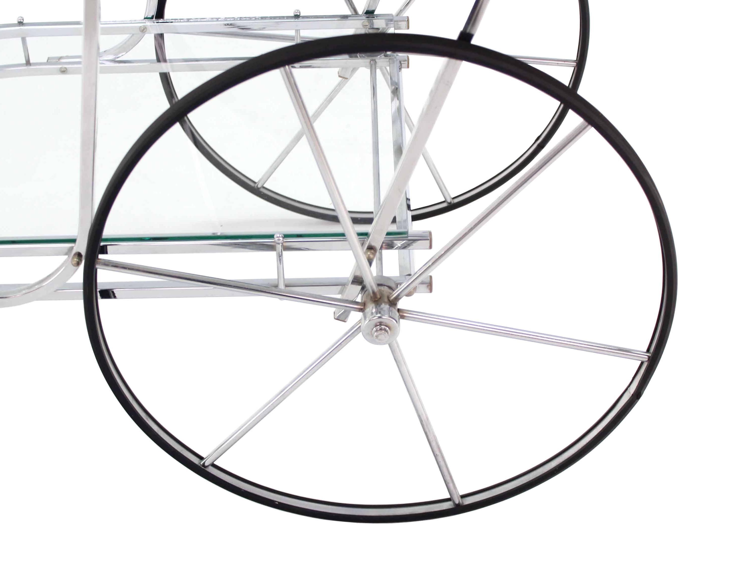 Polished Large Wheel Design Chrome and Glass Tea Bar Cart For Sale