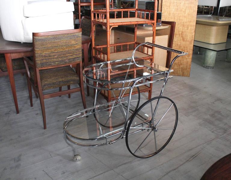 Large Wheel Design Chrome and Glass Tea Bar Cart For Sale at 1stDibs