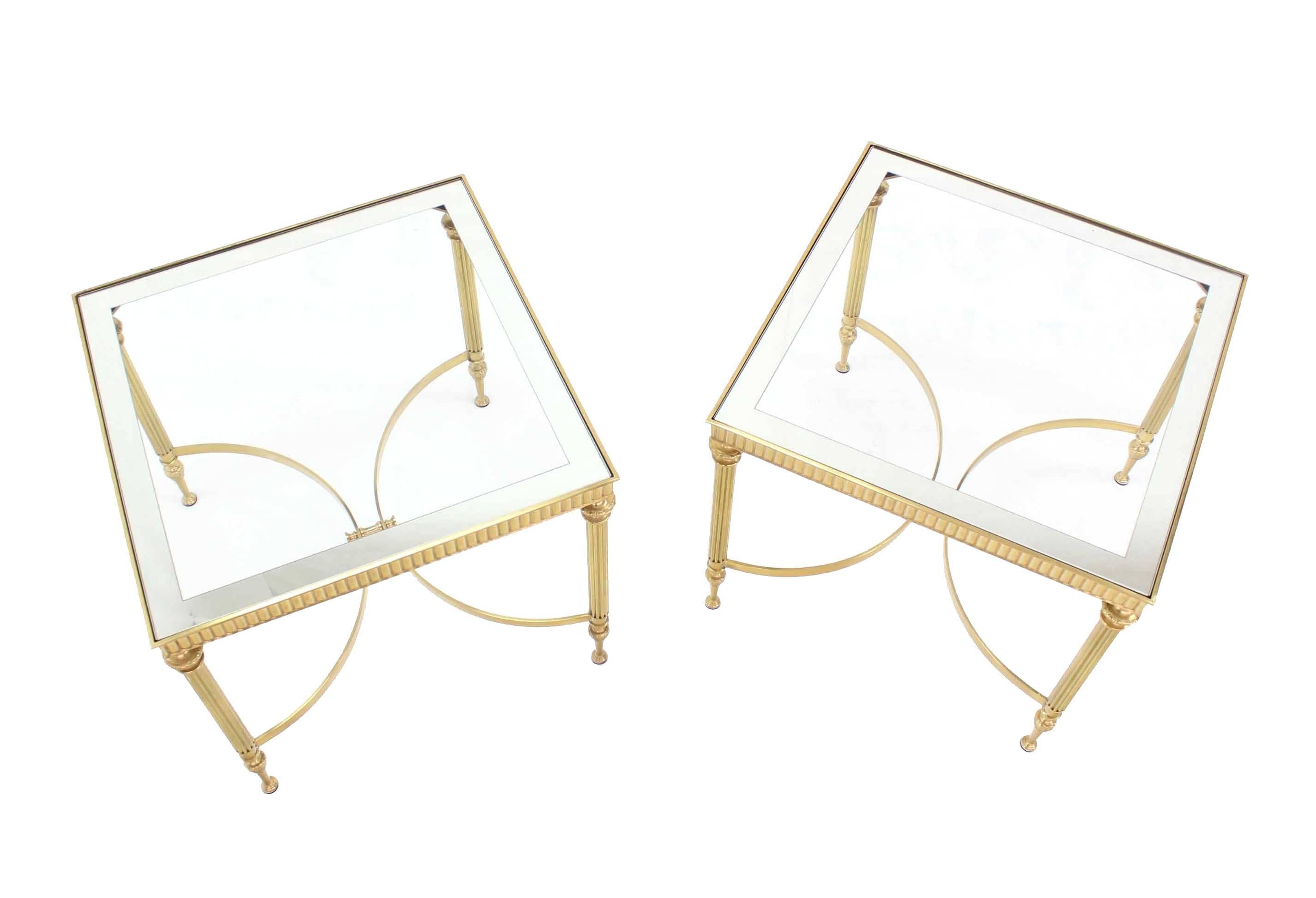 Mid-Century Modern Pair of Brass Mirrored Frame Glass Top End Side Tables