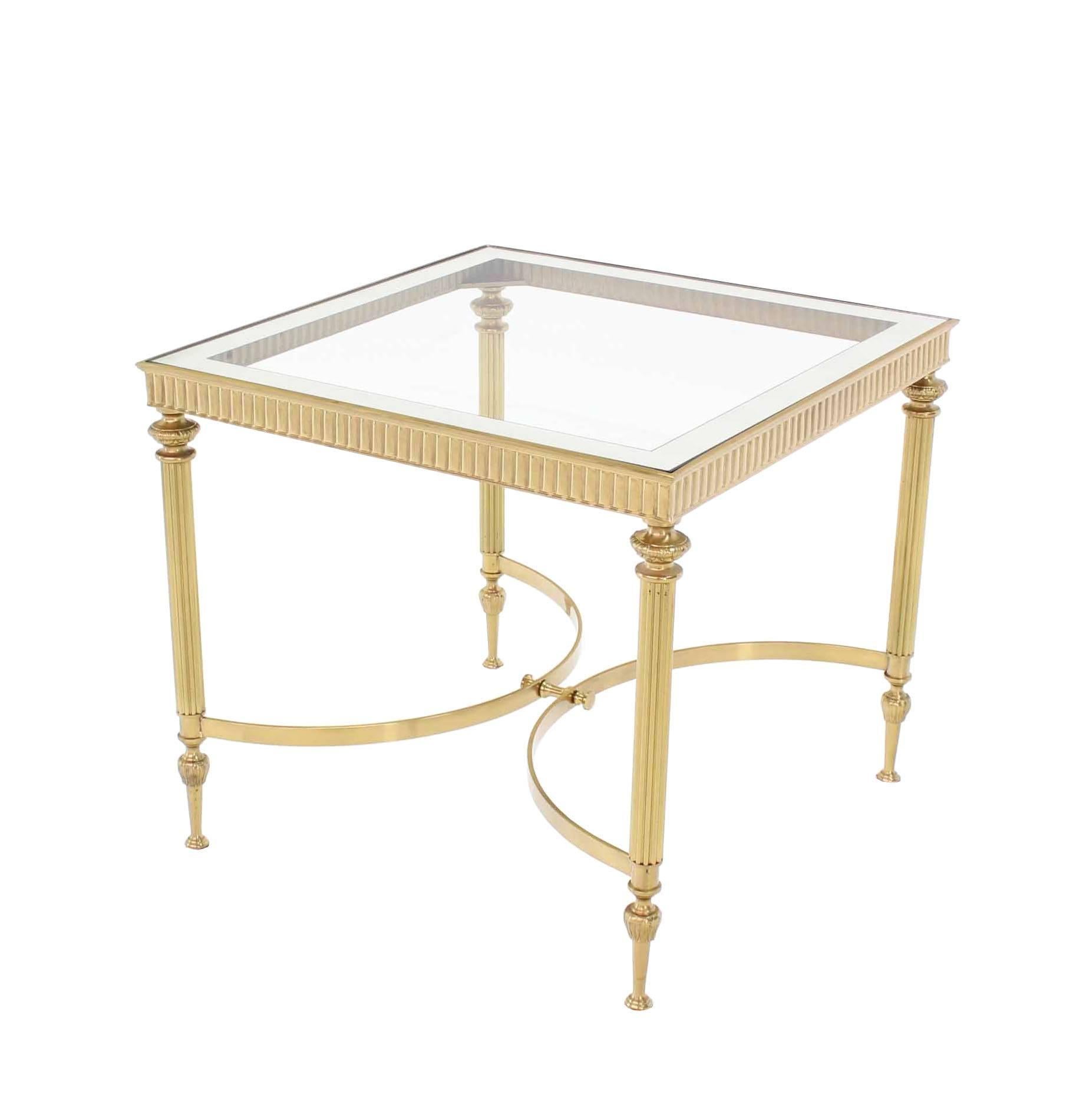 Polished Pair of Brass Mirrored Frame Glass Top End Side Tables