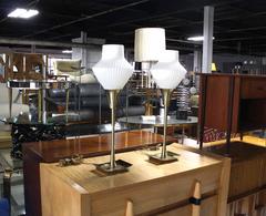 Pair of Mid Century Modern Table Lamps Cone Frosted Glass Shades