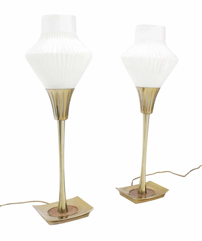 Pair of Mid Century Modern Table Lamps Cone Frosted Glass Shades For Sale  at 1stDibs