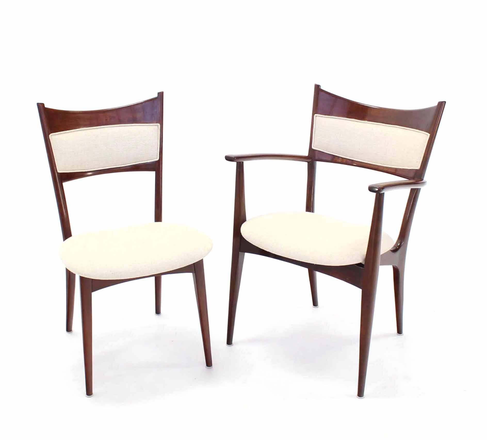 Set of 6 Italian modern chairs with new linen upholstery attributed to Carlo Mollino. 2 arm chairs.