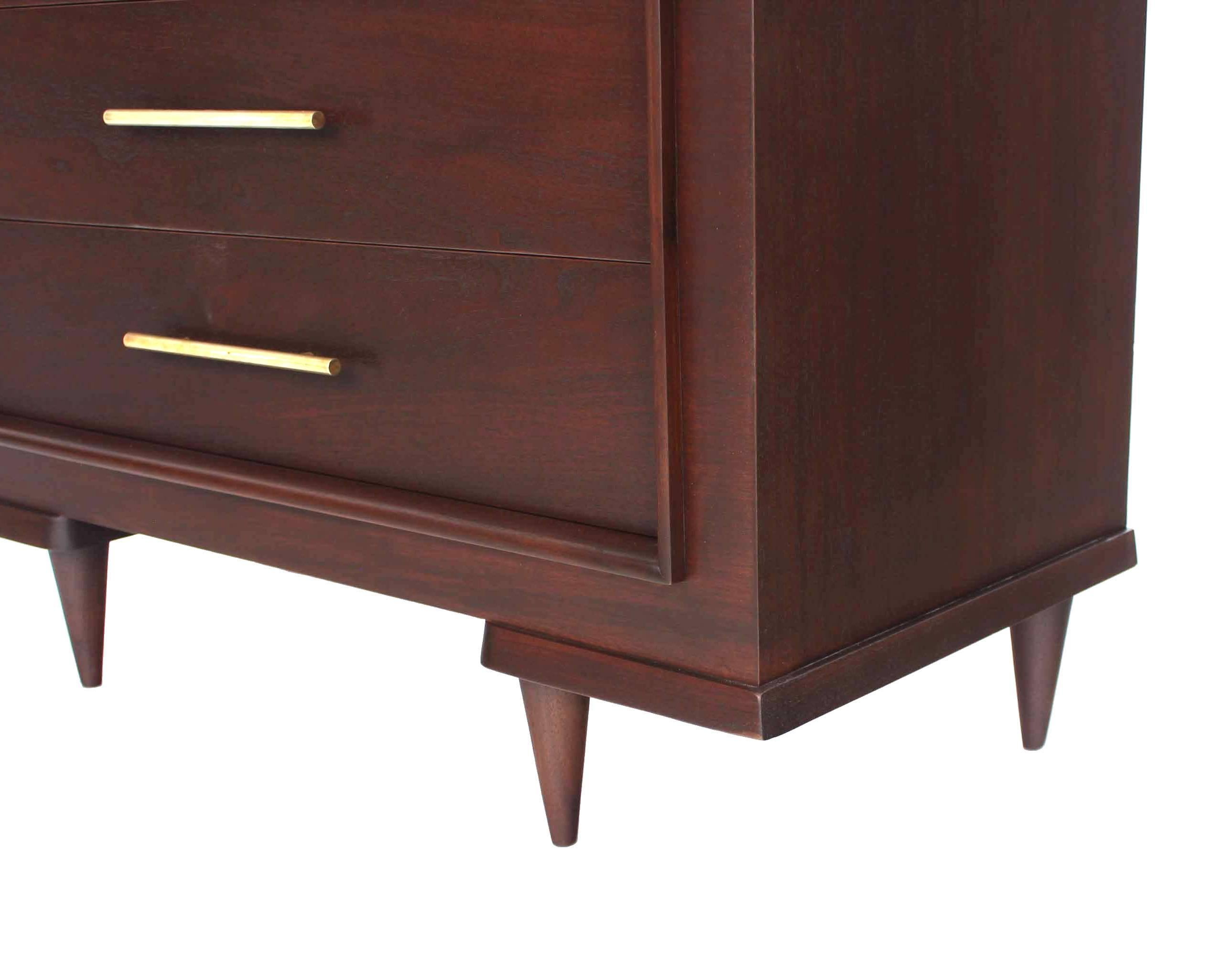 Mid-Century Modern Five Drawer High Chest with Long Solid Brass Cylinder Pulls For Sale