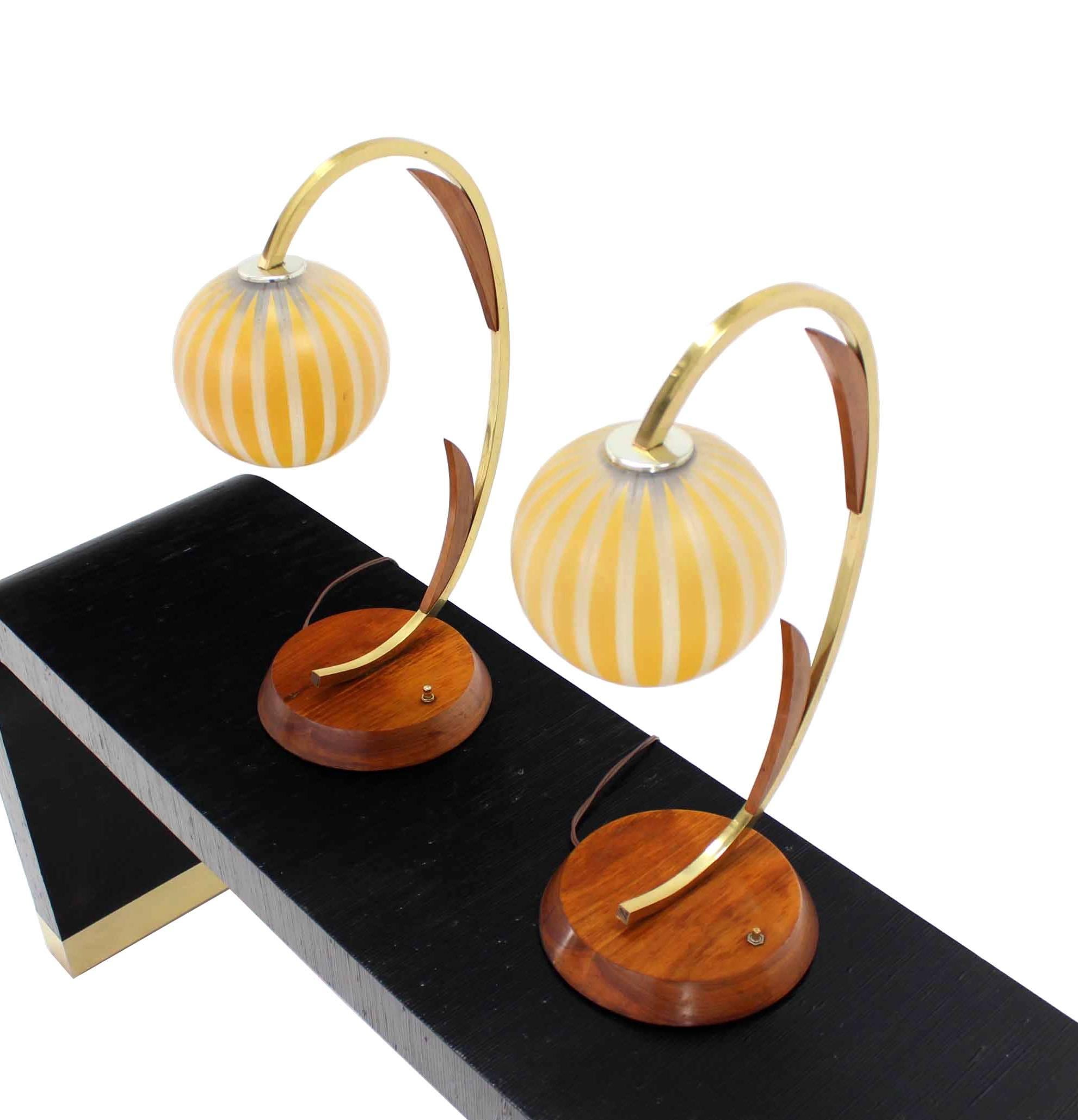 American Pair of Walnut Brass and Glass Globes Shades Mid-Century Table Lamps
