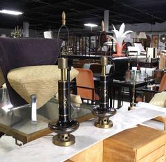 Pair of Gold Decorated Smoked Glass Turned Shape Table Lamps