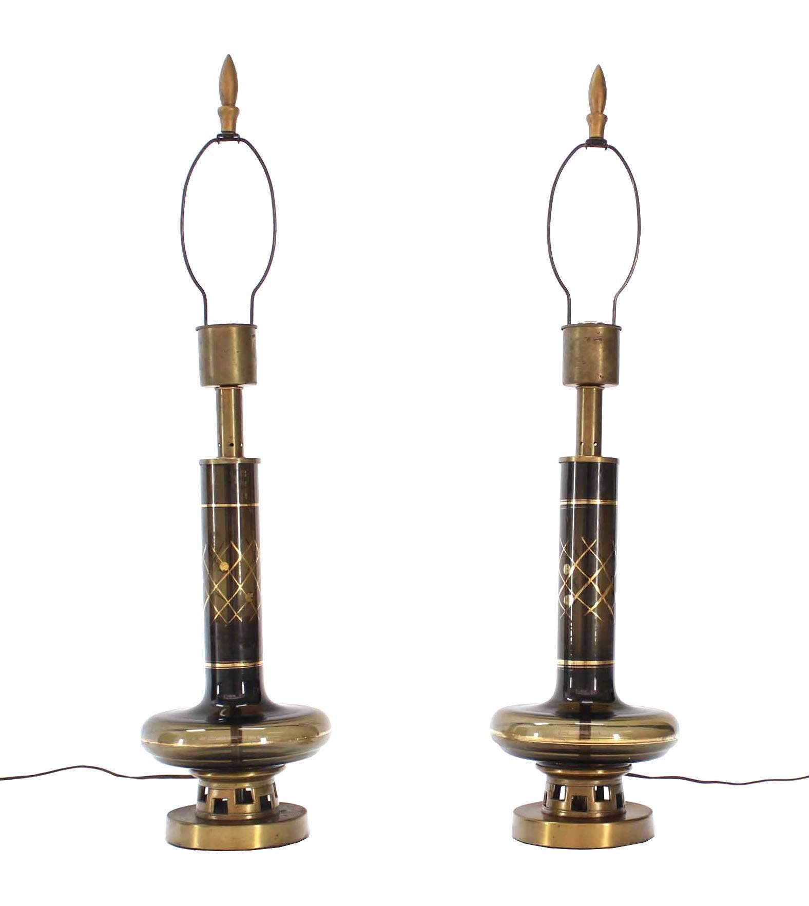 Pair of Gold Decorated Smoked Glass Turned Shape Table Lamps  In Excellent Condition For Sale In Rockaway, NJ
