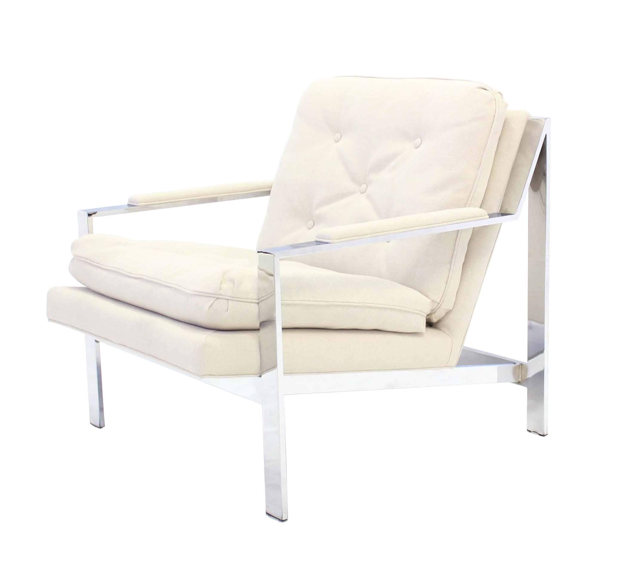 Linen Pair of Chrome Lounge Chairs with New Upholstery For Sale