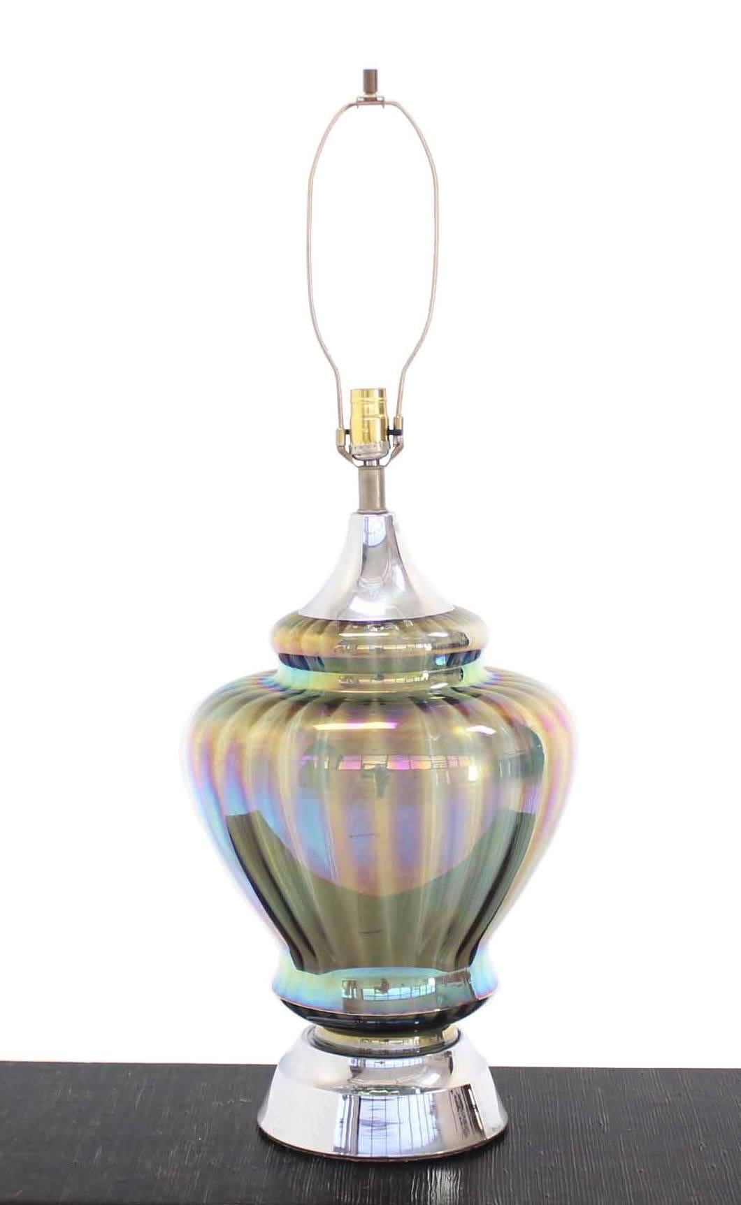 Mid-Century Modern Large Iridescent Glass Chrome Base Table Lamp For Sale