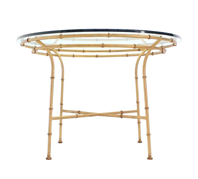 Nice Mid-Century Modern faux bamboo X base dining table w/ thick glass top.