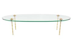 Turned Brass Faux Bamboo Legs Thick Glass Top Oval Coffee Table