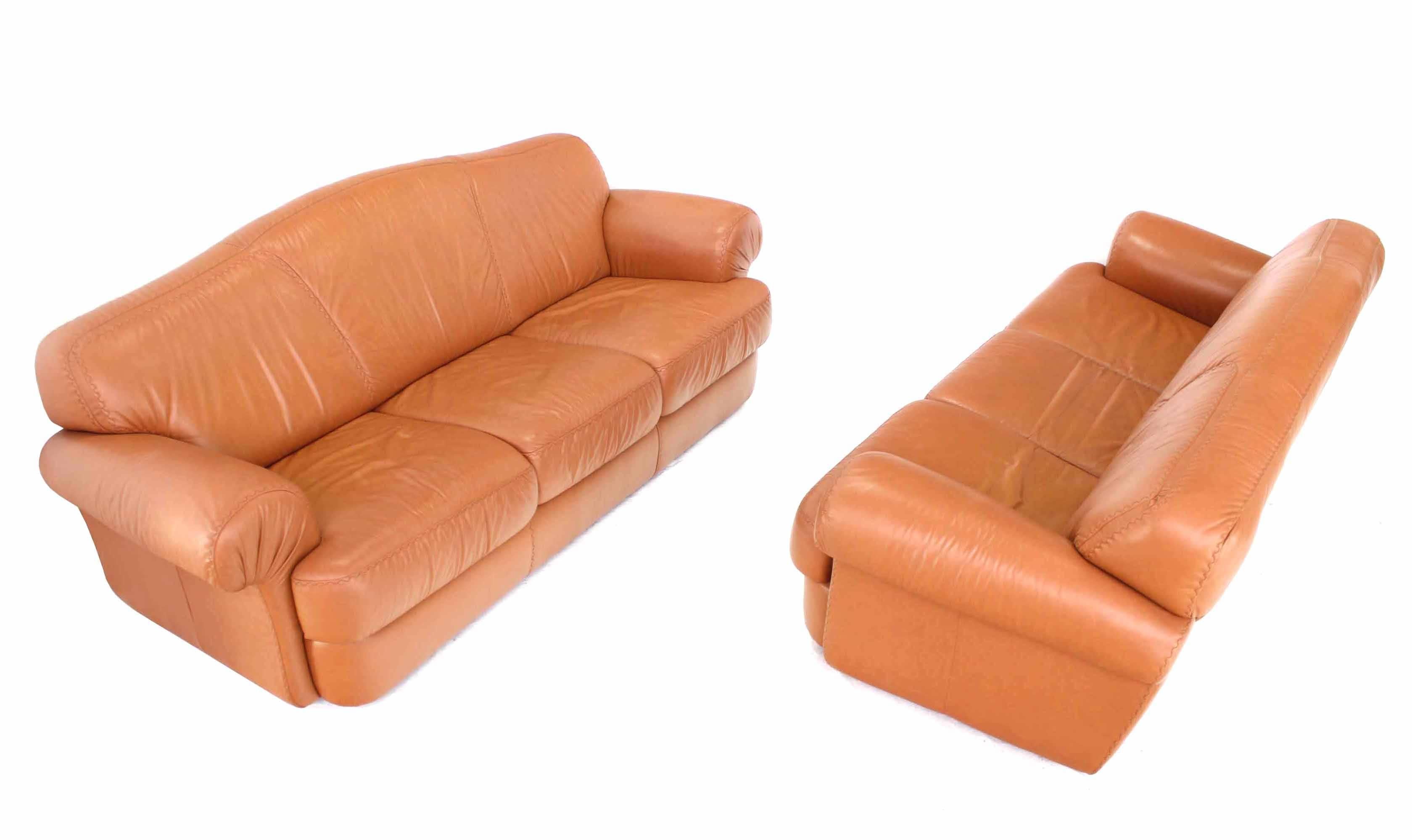 Pair of Tan Decorative Baseball Style Stitching Leather Sofas 1