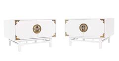 Pair Large Square White Lacquer End Side Tables Campaign Style Brass Pulls